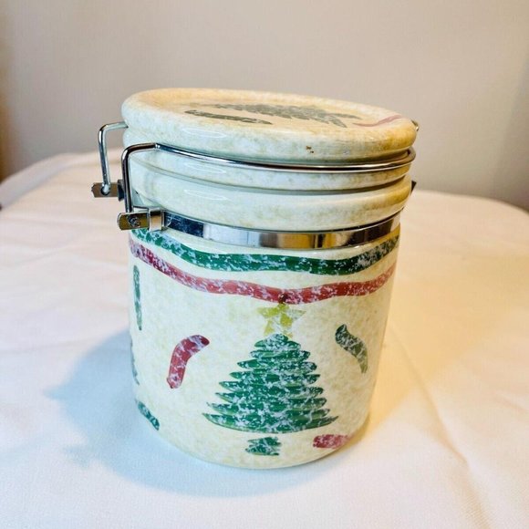 VTG Christmas Tree Canister Hinged Hausen Ware Locking Lid Ceramic Cookie Jar - Picture 1 of 6